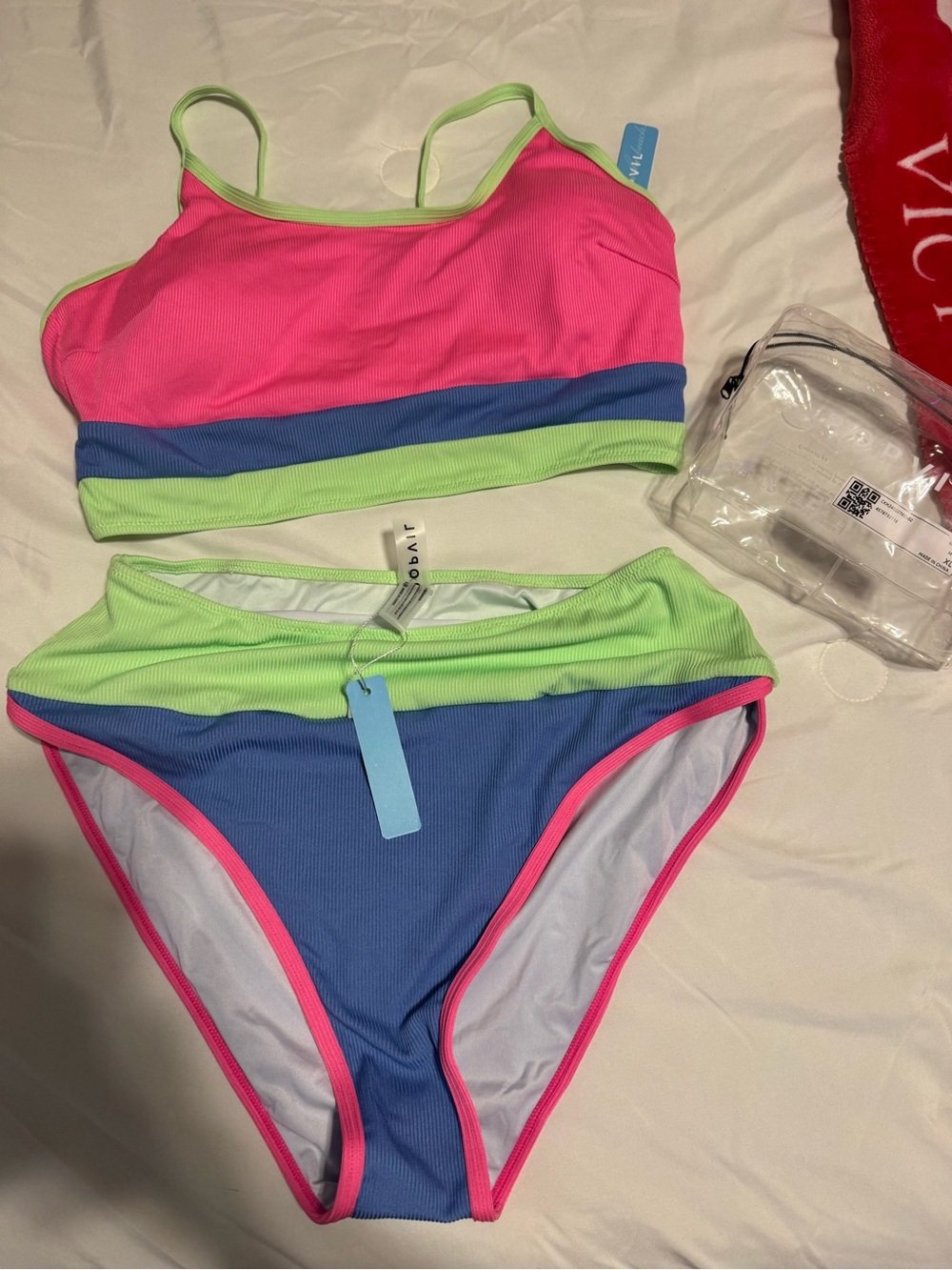 Womens Popvil Colorblock Two-Piece Swim Set - Pink, Blue & Lime